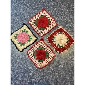 Granny Core Handmade Vintage Crocheted Flower Red Rose Pot Holder Lot of 4